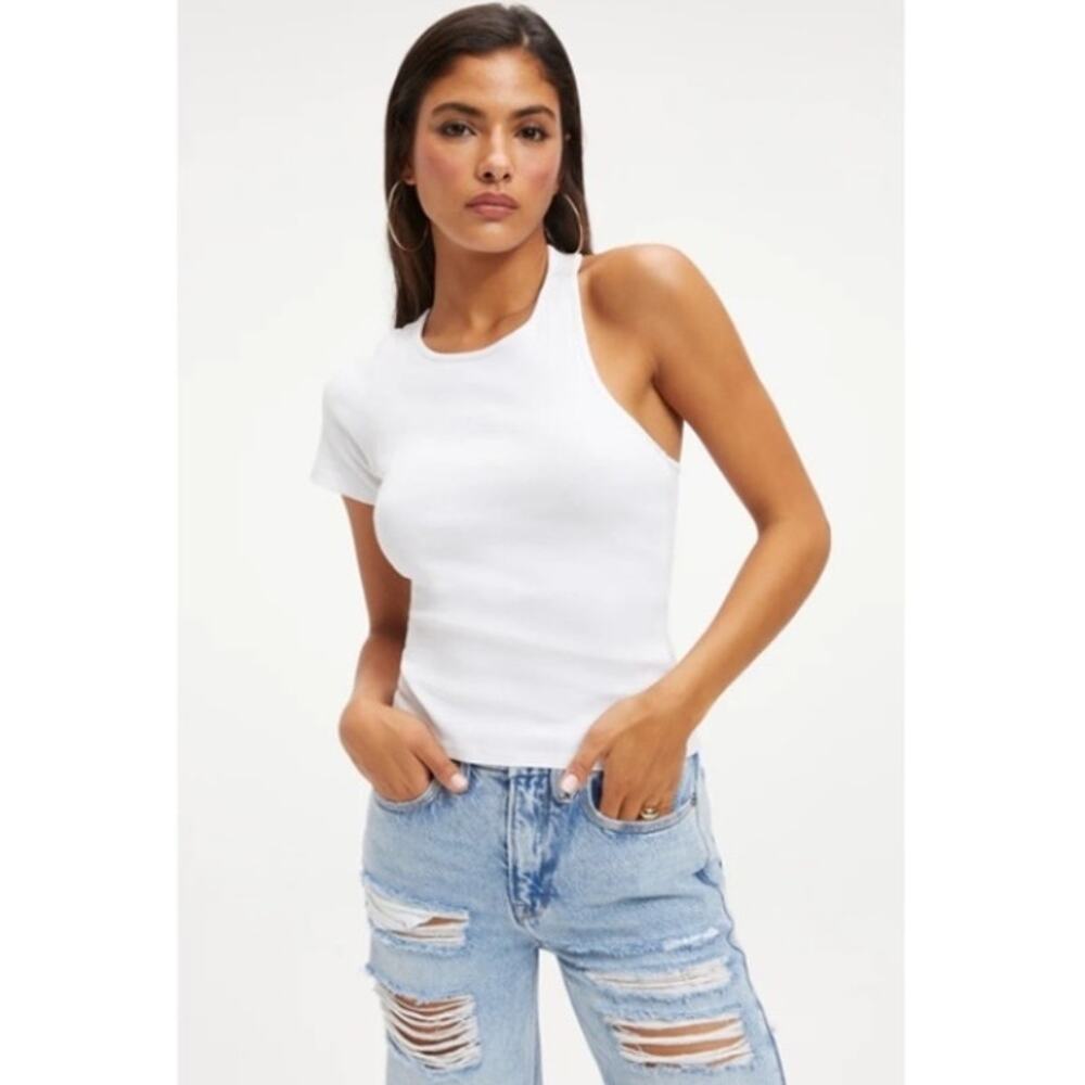 NEW! Good American Asymmetrical Open Back Tee in WHITE (3)